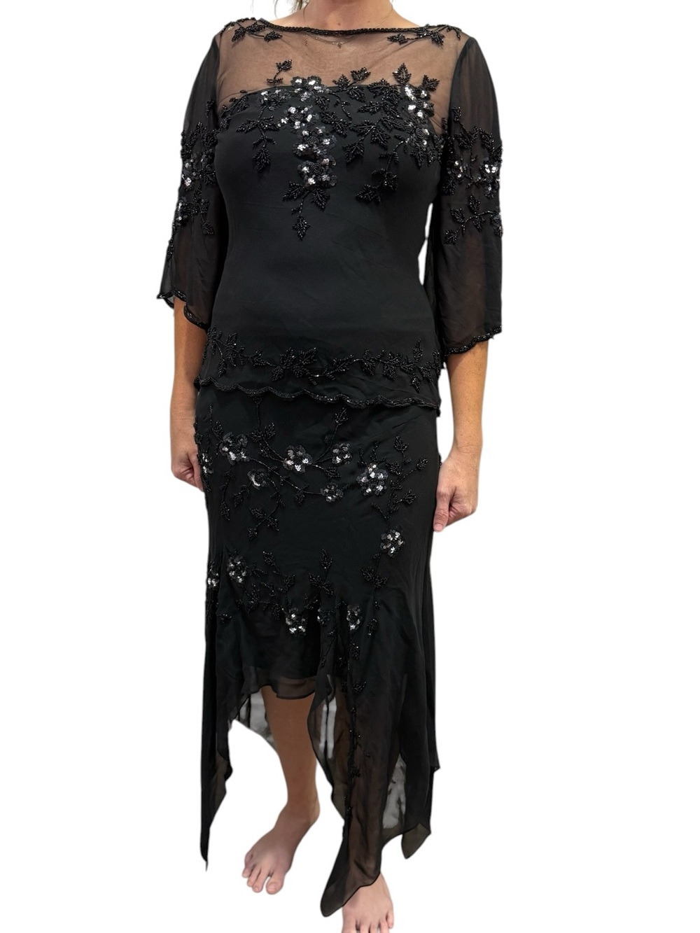 Vintage Aspeed Design 2 Pc Blk Beaded Silk Skirt Set M Gothic Whimsigoth Floral